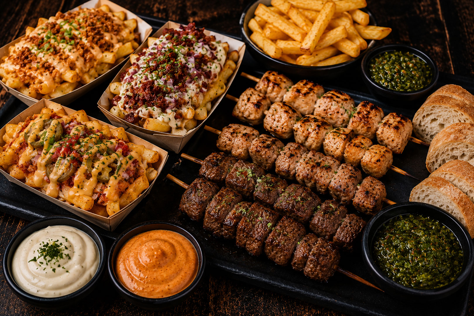 Arrangement 1: Loaded fries & vleesspiezen