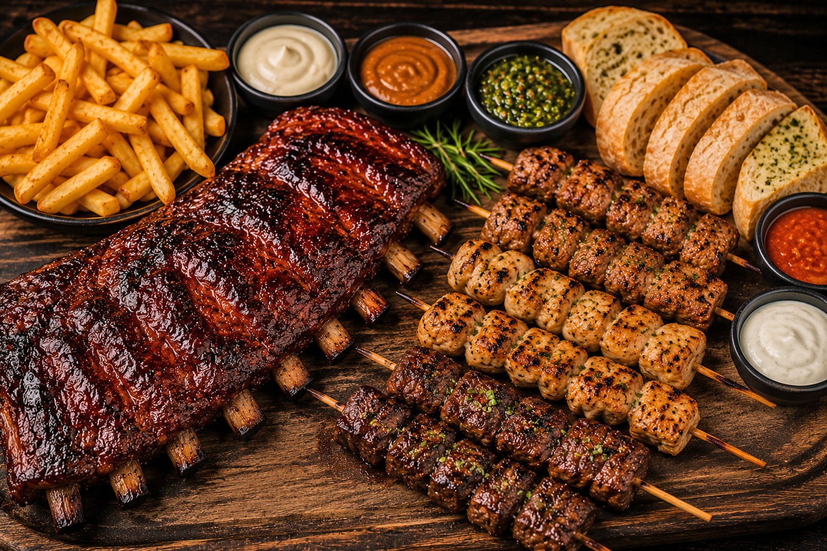 Arrangement 4: Spareribs, vleesspiezen & friet
