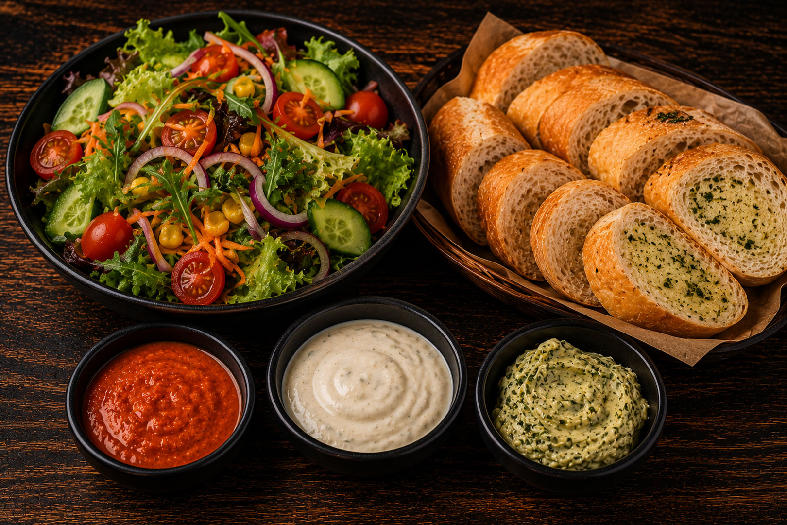 Optioneel: gemengde salade, stokbrood met scherpe rode saus, knoflooksaus & kruidenboter